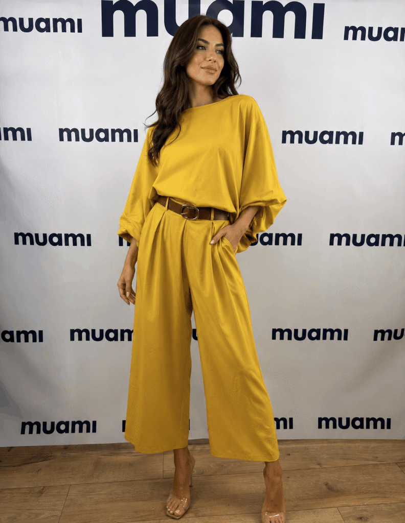 Komplet damski, bluzka oversize + szerokie spodnie | Musztardowy