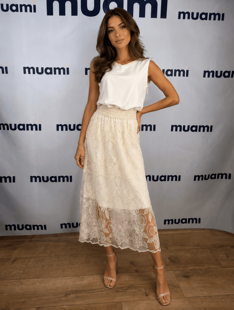 Elegancka koronkowa spódnica midi w kolorze ecru
